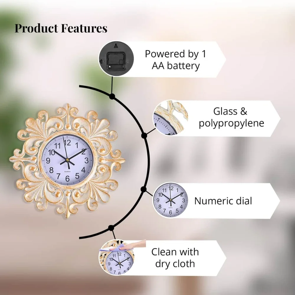 - Beige Embossed Fleur De Lis Floral Design Clock Battery Operated - NWOB